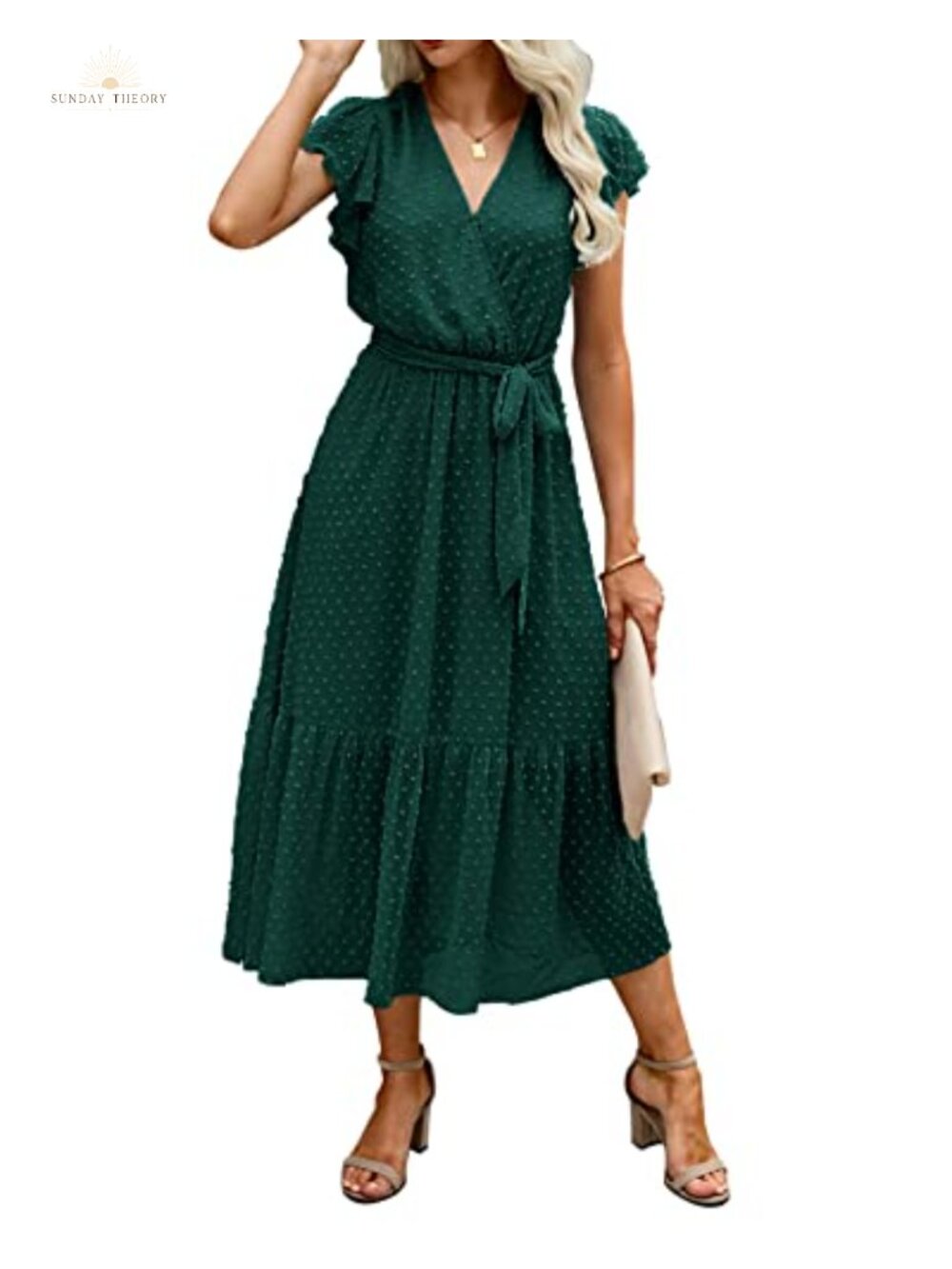 Women Summer Casual Wrap V Neck Ruffle Cap Sleeve Belted Midi Dress